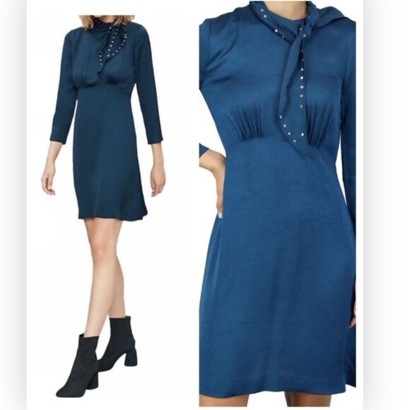 SANDRO NWT Dress With Studded Bow Collar In Lake Size 38 $395 - Picture 1 of 9
